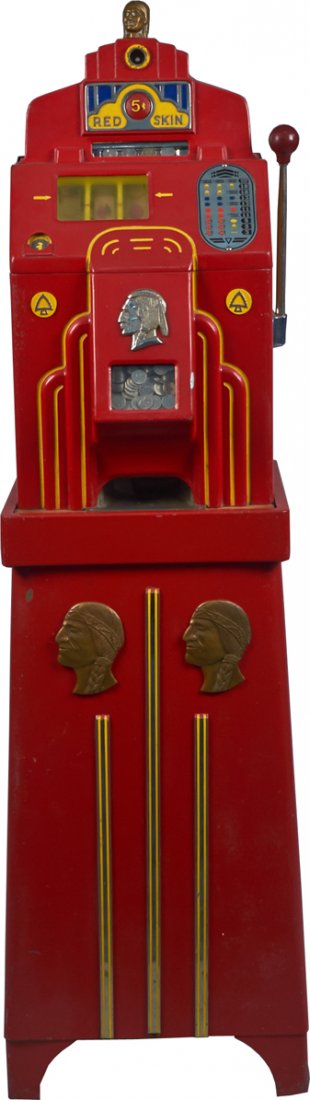 5 Cent O.D. Jennings Red Skin Super Chief Slot Machine: 5 Cent O.D. Jennings Red Skin Super Chief Escalator Bell Slot Machine on Matching Red Chief Stand w/ jackpot, c1939, w/ key