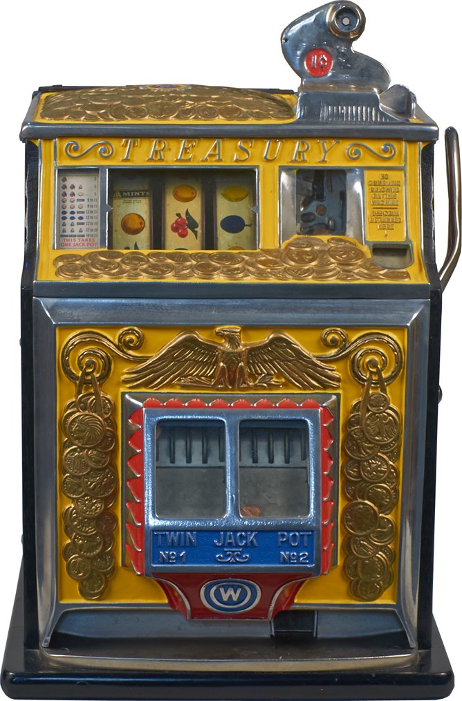 1 Cent Watling Treasury Twin Jackpot Slot Machine: 1 Cent Watling Treasury Twin Jackpot Gooseneck Bell Slot Machine, c1935, w/ Watling Mints reels w/ keys