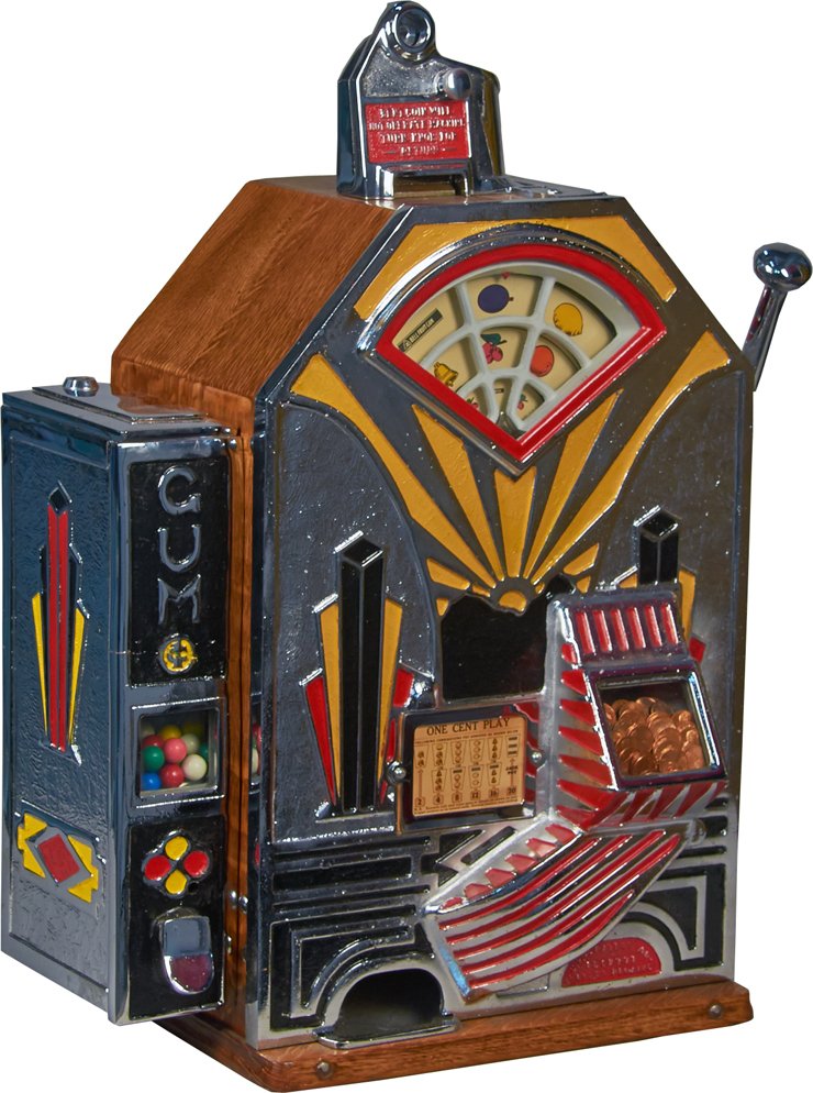1 Cent O.D. Jennings Little Duke Counter 3-Wheel Slot: 1 Cent O.D. Jennings Little Duke Jackpot Side Vender Model D Counter 3-Wheel Slot Machine w/ side gumball vendor, bent coin rejector & jackpot, c1932, w/ key
