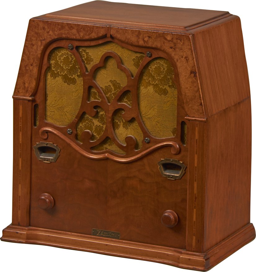 Zenith Model 712 Inlaid Wood Cathedral Radio: Zenith Model 712 Inlaid Wood Cathedral 2-Dial Superheterodyne Radio w/ Gothic cut-out grill & 2 metal escutcheons, AC 110 50-60 cycle - 14 1/4" x 8 1/2" x 14 1/2"