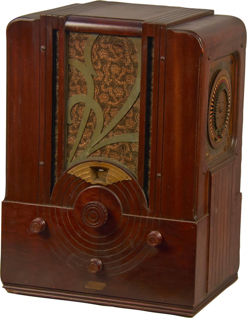 Majestic Model 174 Deco Wood Tabletop Tombstone Radio: Majestic Model 174 Art Deco Wood Tabletop 4-Dial Tombstone Superheterodyne Radio w/ "Tune-O-Stat" timer on right side, Chrome grill w/ deco winged copper colored metal escutcheon, AC 110 60 cycle - 14