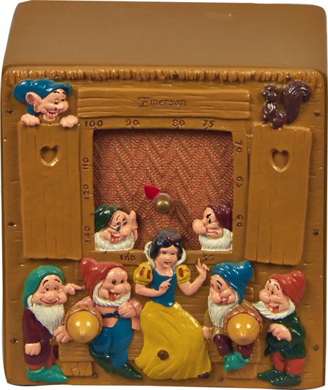 Emerson Snow White & The Seven Dwarfs Disney Radio: Emerson Snow White & The Seven Dwarfs Walt Disney Wood Tabletop Radio w/ 2 acorn shaped knobs, "Designed to operate on AC or DC current 110 volts 25 and 60 cycles", Serial no. 834052 - 7 3/8" x 5 1/2"