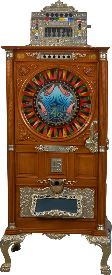 5 Cent Dewey Style Upright Floor Wheel Slot Machine: 5 Cent Dewey Style Upright Floor Wheel Slot Machine, 30 year old re-creation of the original Mills 45 "The Dewey" w/ castings, head, claw feet & wood cabinet w/ keys