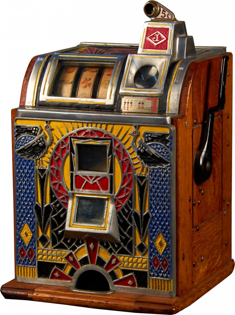 5 Cent O.D. Jennings Victoria Silent "Peacock" Slot: 5 Cent O.D. Jennings Victoria Silent "Peacock" Escalator Bell Slot Machine, c1932, w/ fortune reels w/ keys