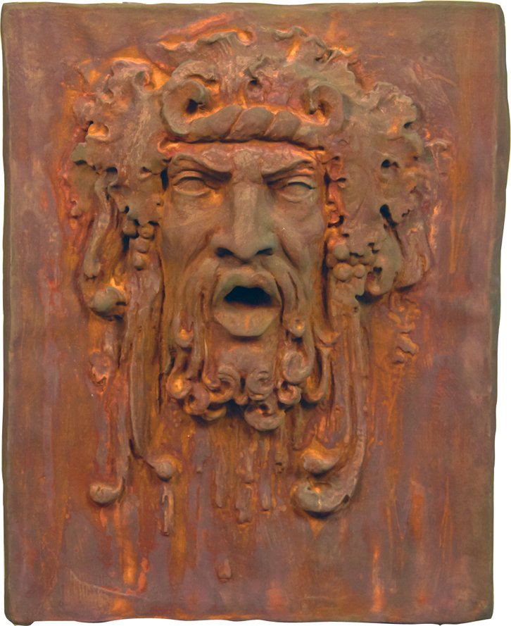 "King Neptune" Plaster Relief Figure Display: King Neptune" Plaster Relief Figure Display, patina in a rusty metal look - 23" x 30