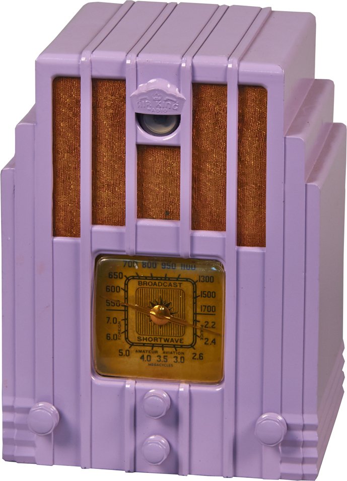 Air King Plastic Tabletop 4-Knob Skyscraper/Tombstone: Air King Plastic Tabletop 4-Knob Art Deco Skyscraper/Tombstone Radio, Square dial w/ plastic cover, grill w/ vertical bars & magic eye w/ eyelid, AC 110 60 cycle - 9 1/2" x 6 3/4" x 12"