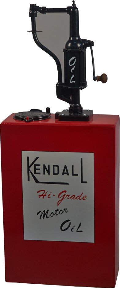 Early Rheem "Bennett High-Boy" Oil Dispenser: Early Rheem "Bennett High-Boy" Oil Dispenser, Restored in Kendall Hi-Grade Motor Oil motif c1950s - 55"h