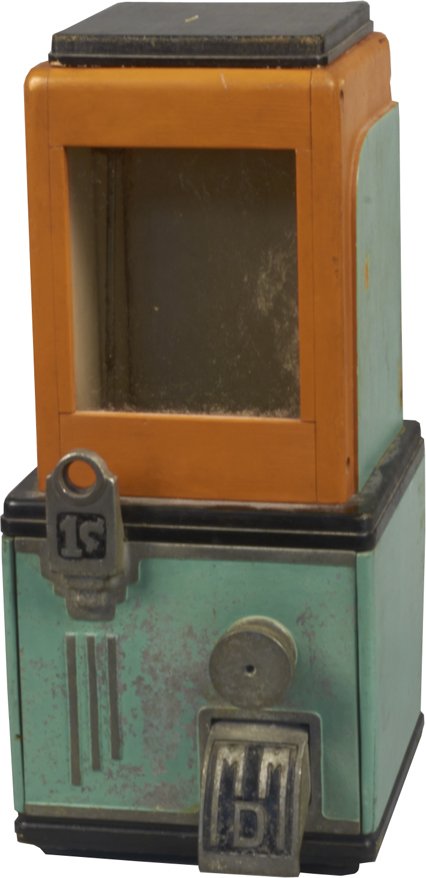 1 Cent "Mystery 60" Countertop Peanut Vending Machine: 1 Cent "Mystery 60" Countertop Peanut Vending Machine, Painted wooden case w/ glass window, metal knob, "MDM" chute, plate & flap, Worm screw mechanism, Art Deco style, Possible prototype, Very rare.
