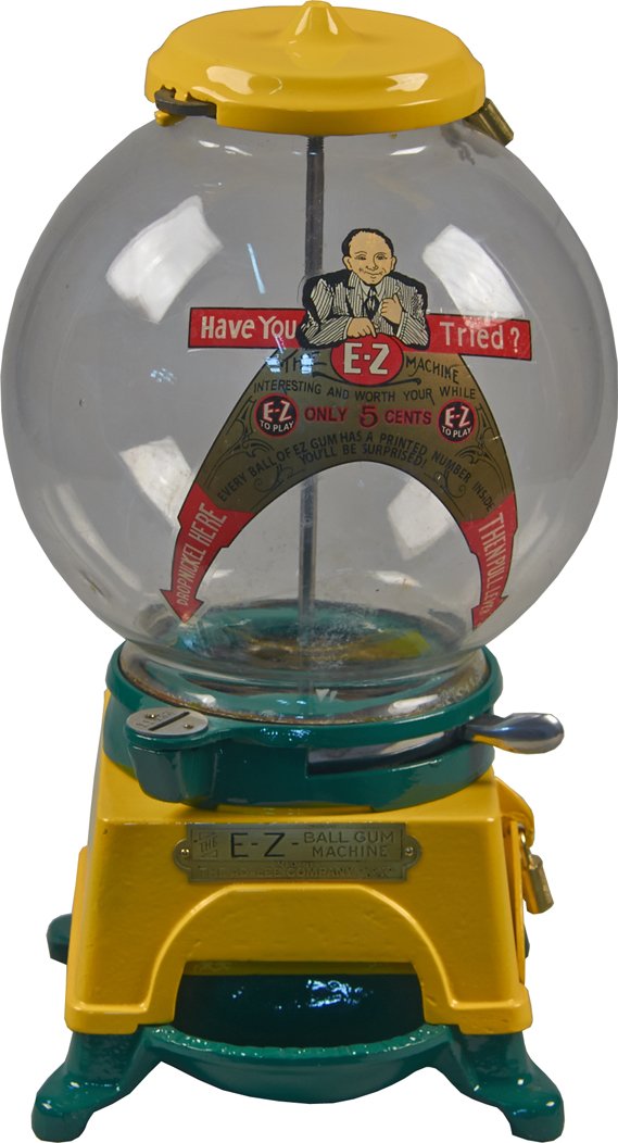 5 Cent Ad-Lee Novelty Co. "The E-Z Ball Gum Machine": 5 Cent Ad-Lee Novelty Co. "The E-Z Ball Gum Machine" Countertop Cast-Iron Gambling Gumball Vending Machine Pat. 1908 w/ "Have You Tried?" E-Z decal, No. 11453, Large mouth opening & brass plate, "Ever