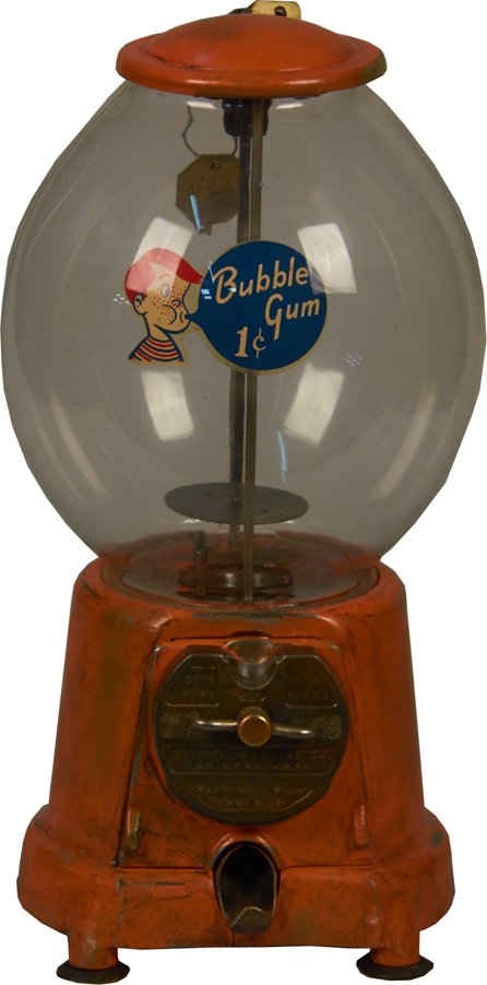 1 Cent Advance Machine Co. Countertop Gumball Vending: 1 Cent Advance Machine Co. Countertop Gumball Vending Machine c1936 (Pat. 1904 & 1916) w/ original "Bubble Gum" decal, Orange cast-iron body w/ steel lid & football globe. Similar to the Model D, but