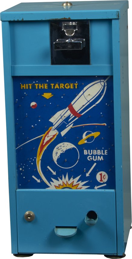 1 Cent B&O "Hit The Target" Penny Drop Pin Field Gumbal: 1 Cent B&O "Hit The Target" Penny Drop Pin Field Countertop Gumball Vending Machine c1950, Space themed w/ key