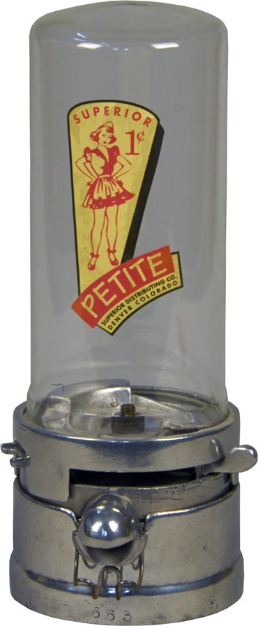 1 Cent Penny King Countertop Gumball Vending Machine: 1 Cent Penny King Countertop Gumball Vending Machine c1930s w/ Superior Distributing Co. "Petite" decal featuring pretty lady, Cylinder domed glass globe, No. 663, No key