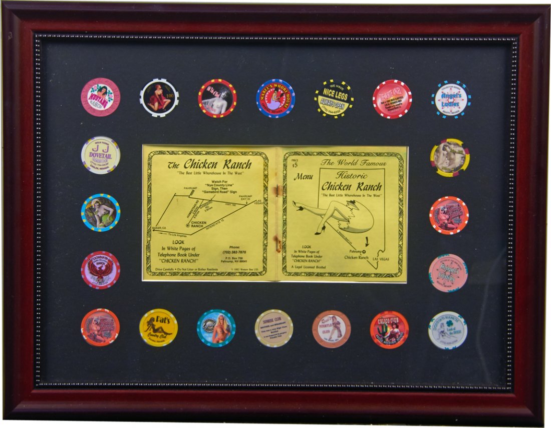 Lot Of 20 Nevada & California Brothel Gaming Chips: Lot Of 20 Nevada & California Brothel Gaming Chips & Chicken Ranch Menu In Double-Sided Display Frame. Chips include Angel's Ladies Beatty, Sunrise Club Brothel & Speakeasy, Roxie's Formyle Club, Must