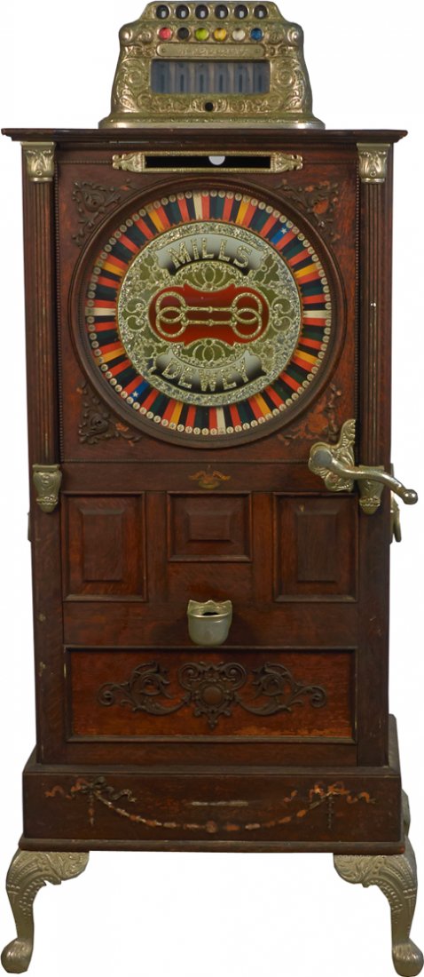 5 Cent Watling Upright Floor Wheel Slot Machine: 5 Cent Watling Upright Floor Wheel Slot Machine circa early 1900s, Case & head only, No mechanism, Glass shows "Mills Dewey" 2 bits, Wheel is a reproduction