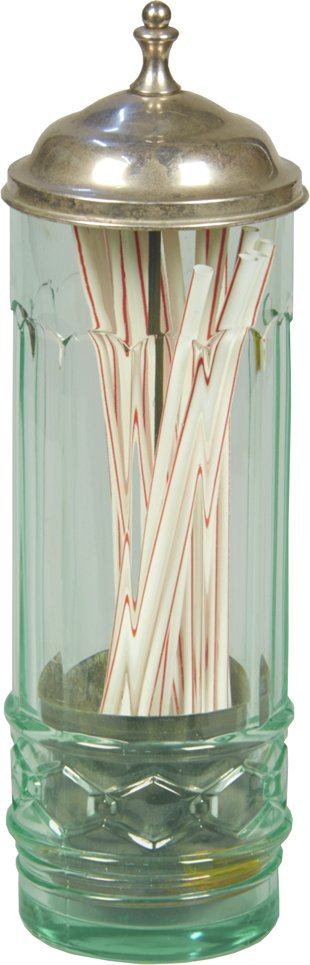 Green Depression Glass Countertop Straw Holder: Green Depression Glass Countertop Straw Holder w/ metal lid w/ straws, Scalloped & geometric detail - 12"h