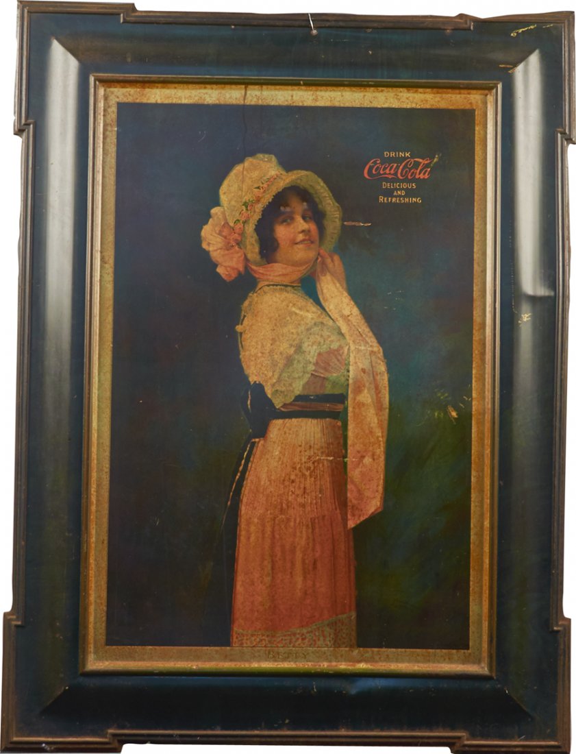 Vintage Drink Coca Cola "Betty" Self-Framed Tin Sign: Vintage Large Drink Coca Cola "Betty" Self-Framed Tin Sign, "Delicious and Refreshing" featuring lady in bonnet & pink dress, Copyright The Coca-Cola Co. Passaic Metal Ware Co. Litho. Passaic, NJ, Som