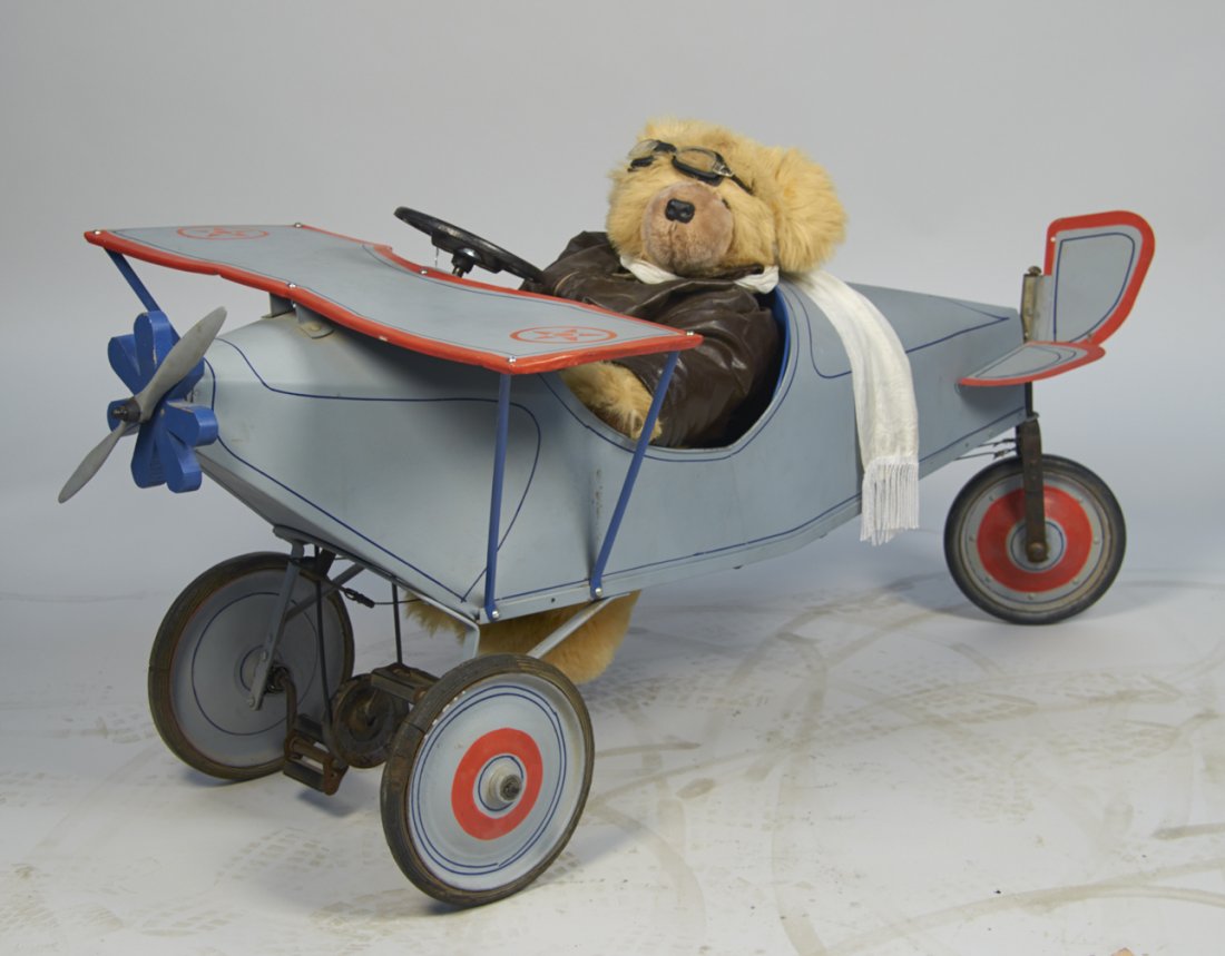 Propeller Airplane Child's Pedal Car Plane: Propeller Airplane Child's Pedal Car Plane w/ Aviator stuffed teddy bear c1920's, Restored