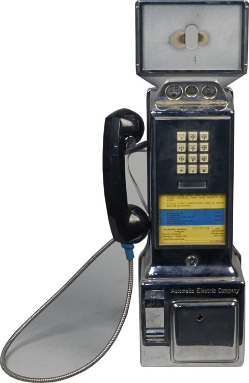 Automatic Electric Company Old Chrome Pay Telephone: Automatic Electric Company Old Chrome Wall Mount Push Button Pay Telephone, Northlake, Ill. w/ receiver, 5/10/15 cent w/ top sign frame, Code No. LPC-79-55, Working condition