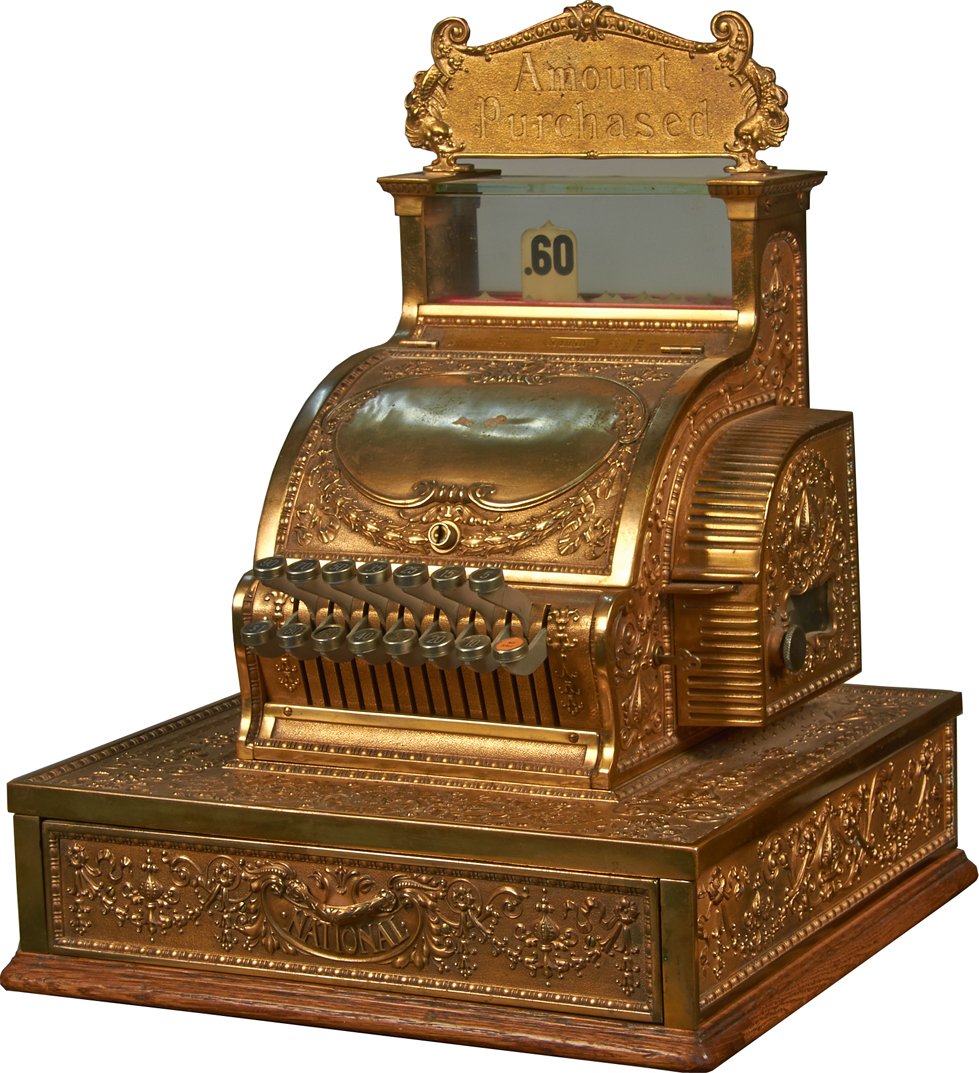 National Cash Register Brass Model 52 1/4: National Cash Register Brass Model 52 1/4, Serial no. 398302 w/ "Amount Purchased" double-sided top sign, receipt side cage & fancy ledge base, Pat. 1885-1897, Dolphin design, wood base & 15 keys.