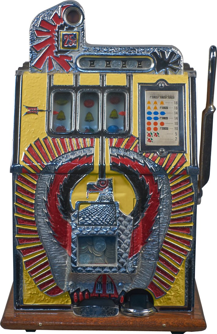 25 Cent Mills Novelty Silent War Eagle Slot Machine: 25 Cent Mills Novelty Silent War Eagle Yellow Front Escalator Bell Slot Machine c1931 w/ Jackpot w/ key
