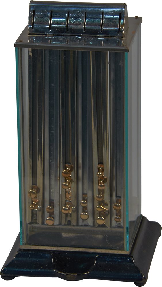 10 Cent Zeno Collar Button 6-Column Vending Machine: 10 Cent Zeno Collar Button 6-Column Countertop Dispenser Vending Machine w/ buttons by Zeno Button Co. Indianapolis, Ind. Pat. 1907-8, Glass on 4 sides, As is (3 working & 3 nonworking columns) w/ pad