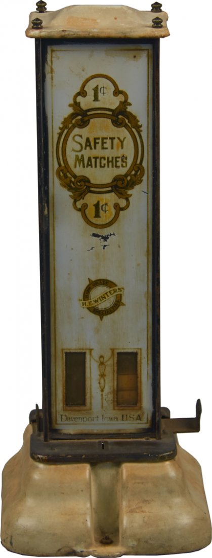 1 Cent Griswold Match Machine Countertop Matchbook: 1 Cent Griswold Match Machine White Countertop Matchbook Vending Machine c1920 w/ "H.E. Winters High Grade Specialties" decals, Works w/ key