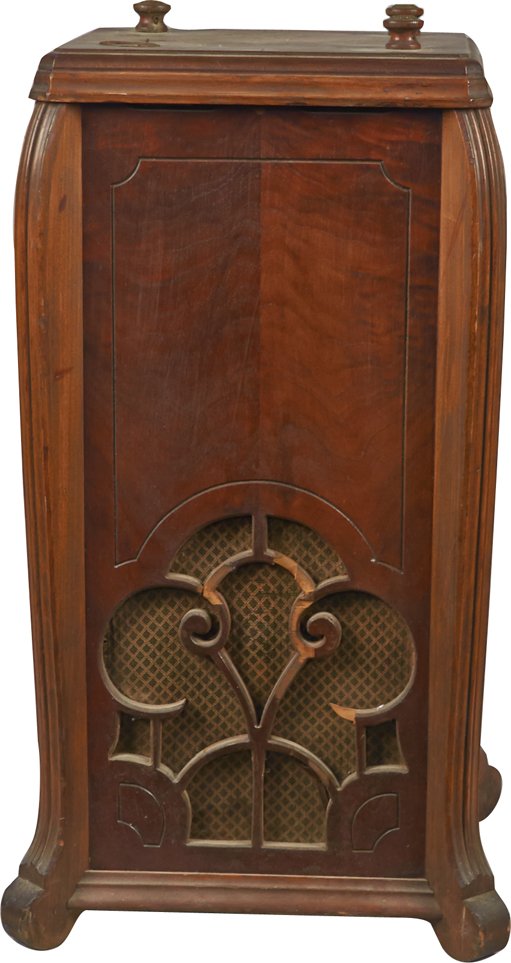 Sentinel Chairside Wood 3-Dial Radio: Sentinel Chairside Wood 3-Dial Radio, Controls on top w/ top right metal escutcheon, AC 110-120 60 cycle - 13 1/2" x 10 3/4" x 26"