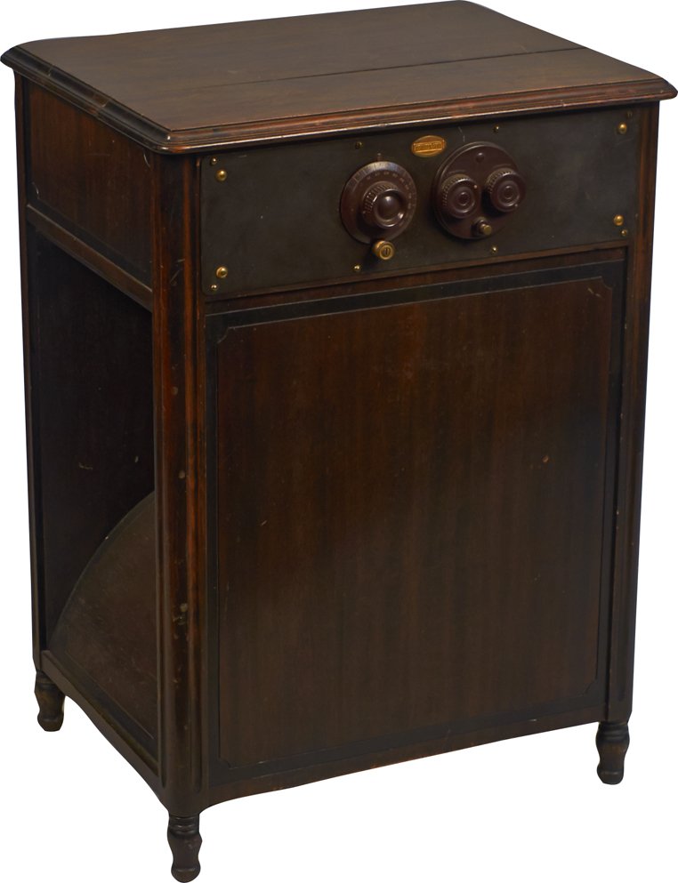 Atwater Kent Model 30 Console Radio: Atwater Kent Model 30 Console Radio, Built into a Pooley wood cabinet w/ built-in speaker & room for batteries, Low rectangular case w/ 1-dial front metal panel