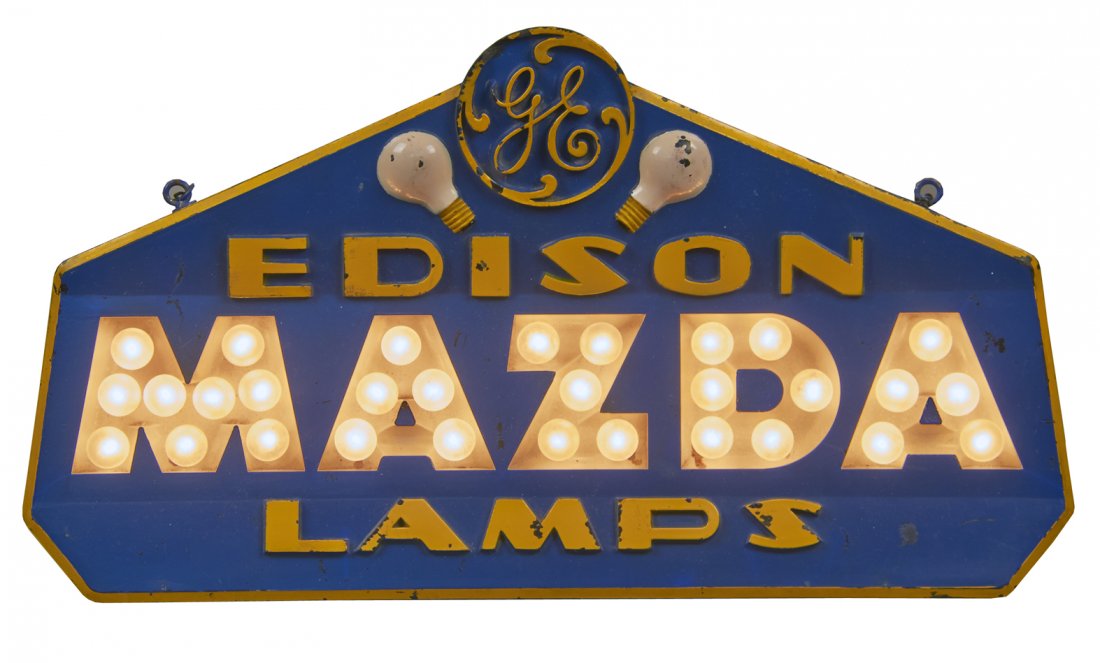 G.E. Edison Mazda Lamps Light-Up Advertising Sign: G.E. Edison Mazda Lamps Light-Up Advertising Sign, Nomasign w/ patented cut out Mazda lamps by Noma Electric Corporation, NY w/ metal wire easel back & chain for hanging, Early advertising for the Maz