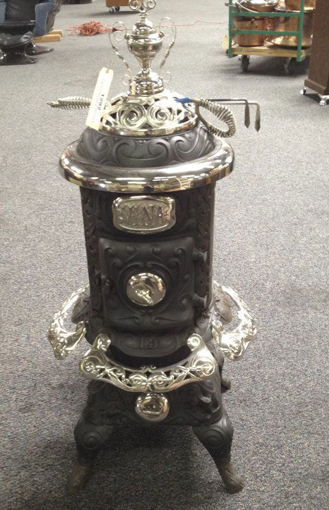 Antique Ornate Vina No. 13 Wood Stove: Antique Ornate Vina No. 13 Wood Stove by Bridge Beach & Co. St. Louis w/ utensils, Cast-iron w/ nickel trim, Decorative top piece is removable to expose flat cook top, Great original condition w/ smal