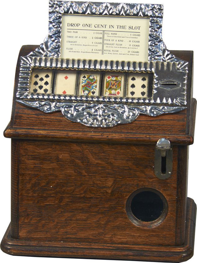 1 Cent Caille Good Luck "Round Top" 5-Reel Cigar Trade: 1 Cent Caille Good Luck "Round Top" 5-Reel Poker Countertop Cigar Trade Stimulator c1904 w/ keys