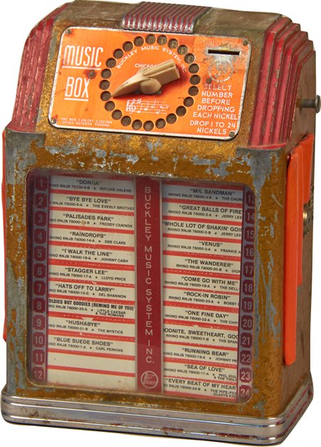 5 cent Buckley Music Systems, Metal Jukebox Wall Box: 5 cent Buckley Music System, Metal Jukebox Wall Box, in original cond