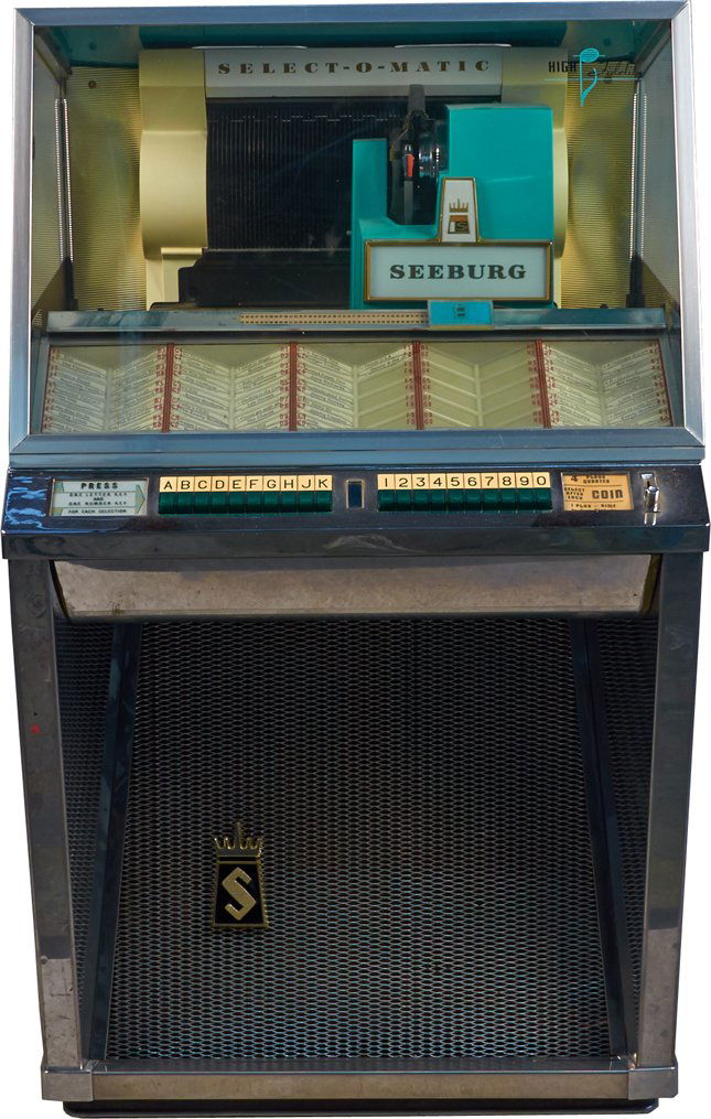 Coin-Op Seeburg Select-O-Matic 100 Model 101 Jukebox: Coin-Op Seeburg Select-O-Matic 100 Model 101 Jukebox c1957 L-100, Plays 45 RPM records, 5/10/25 cent