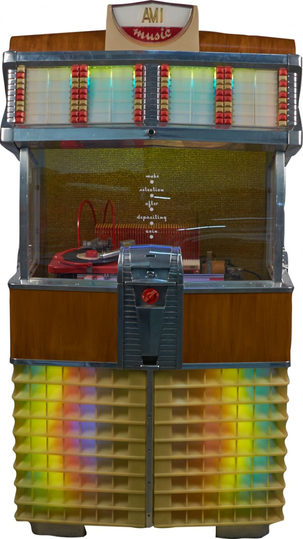 Coin-Op AMI Music Model E 80 Phonograph Jukebox: Coin-Op AMI Music Model E 80 Phonograph Jukebox c1953, Serial no. 212802, Plays 45 rpm records w/ key