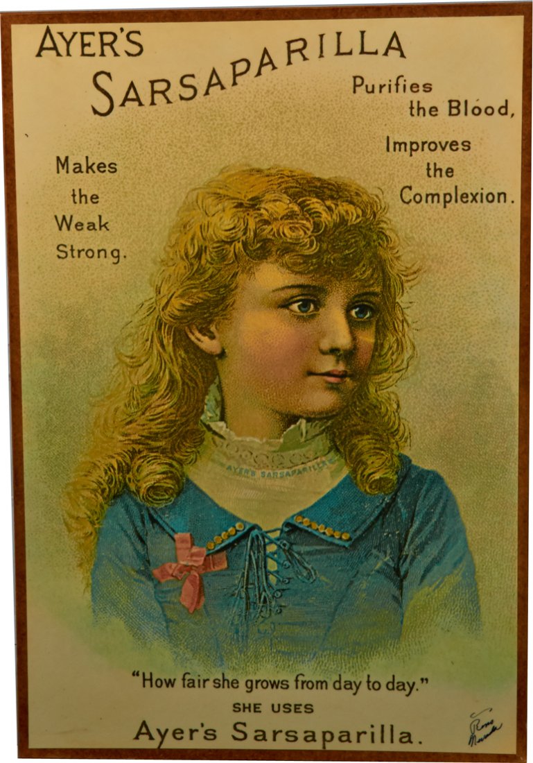 Ayer's Sarsaparilla Advertisement Sign From Cerveri's: Ayer's Sarsaparilla Advertisement Sign From Cerveri's Drugstore in Reno, Nevada, Posted laminated on particleboard, "How far she grows from day to day" featuring girl - 20" x 29"