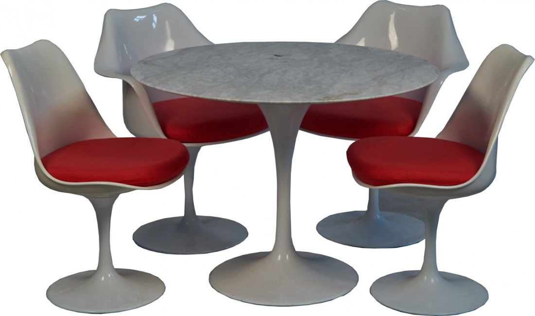 Mid Century Modern Style Dining Set of Table & 4 Chairs: Mid Century Modern Style Dining Set of Table & 4 Chairs, Contemporary copy of Herman Miller furniture designed by Eero Saarinen, Includes white chairs w/ red cushions & white marbelized round table by