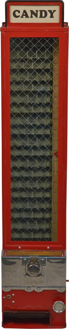 Coin-Op Advance Selecteria Package Candy Vending: Coin-Op Advance Selecteria Wall Mount Package Candy Vending Machine w/ "Candy" top sign c1933, Turn handle knob to select package, All original, Great condition w/ keys - 46"h