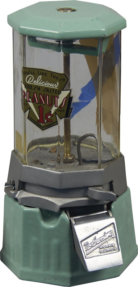 1 Cent "Northwestern 33 Junior " Porcelain Bulk Vending: 1 Cent "Northwestern 33 Junior " Porcelain Bulk Vending Machine c1933, Cracked 1-1/2 lb Octagon-Shaped Glass Globe w/ Key. This miniature machine was designed to supplement regular vendors in location