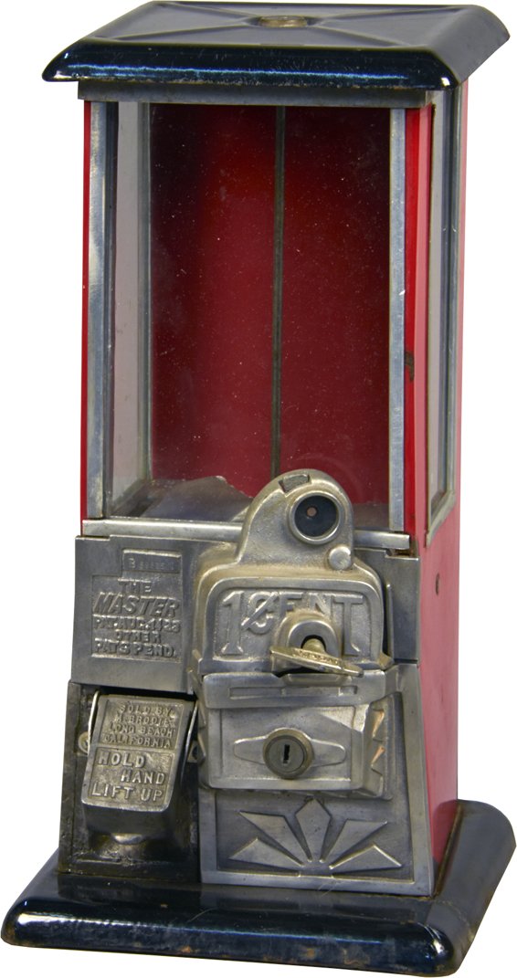 1 Cent Norris MFG. Master Countertop Vending Machine: 1 Cent Norris MFG. The Master Countertop Vending Machine, "Sold by M. Brodie, Long Beach, California" on chute flap, Black & red w/ porcelain top & base, Pat. 1923, No. B59825 w/ keys