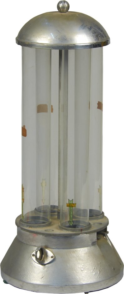 1 Cent "Cent-A-Mint" Countertop 4 Tube Candy Vending: 1 Cent "Cent-A-Mint" Countertop 4 Tube Candy Vending Machine w/ "Cent-A-Mint Chocolates" decals, 4 cylindrical column vendor, 1 tube is broken & some broken/missing pieces, No key