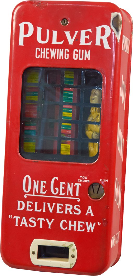 1 Cent Pulver Too Choos Red Porcelain Short Case Vendin: 1 Cent Pulver Too Choos Red Porcelain Short Case Vending Machine w/ yellow kid character inside w/ wind & case lock keys