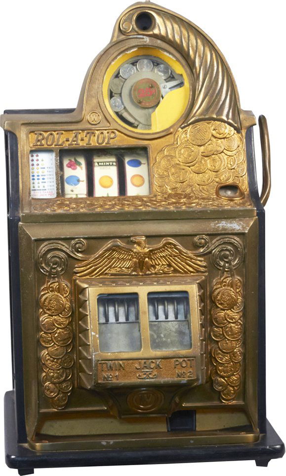 25 Cent Watling Rol-A-Top Coin Front Slot Machine: 25 Cent Watling Rol-A-Top Coin Front Twin Jackpot Escalator Bell Slot Machine w/ "Mints" reels c1935 w/ key