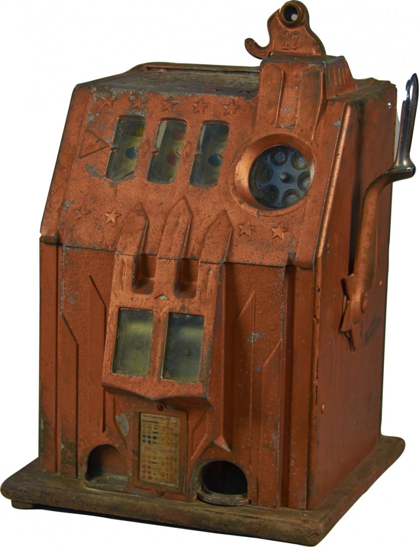 10 Cent Pace MFG. All Star Comet Escalator Bell Slot: 10 Cent Pace MFG. All Star Comet Twin Jackpot Escalator Bell Slot Machine c1936 w/ "Buy Keep Bond" bell fruit reels, Also known as "Stars & Stripes", Missing/chipping copper paint, No key