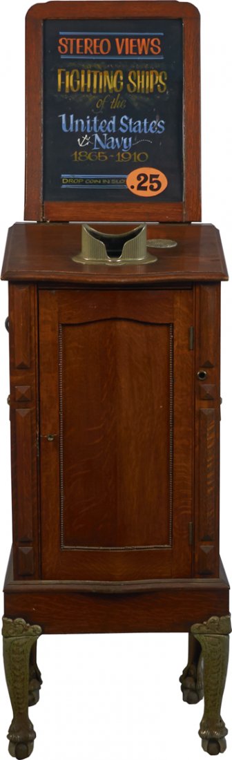25 Cent Mills Upright Floor Auto Stereoscope Arcade: 25 Cent Mills Novelty Upright Floor Auto Stereoscope Arcade Machine w/ "Stereo Views - Fighting Ships of the United States Navy 1865-1910" marquee top sign & ships auto stereoscope reel cards, Quarter