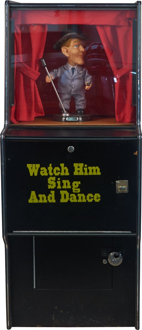 Coin-Op Bing Crosby Animated Floor Arcade Machine: Coin-Op Bing Crosby Animated Floor Arcade Machine w/ Bing Crosby figure w/ microphone & curtains, "Watch Him Sing And Dance" w/ Las Vegas sign decals, No key