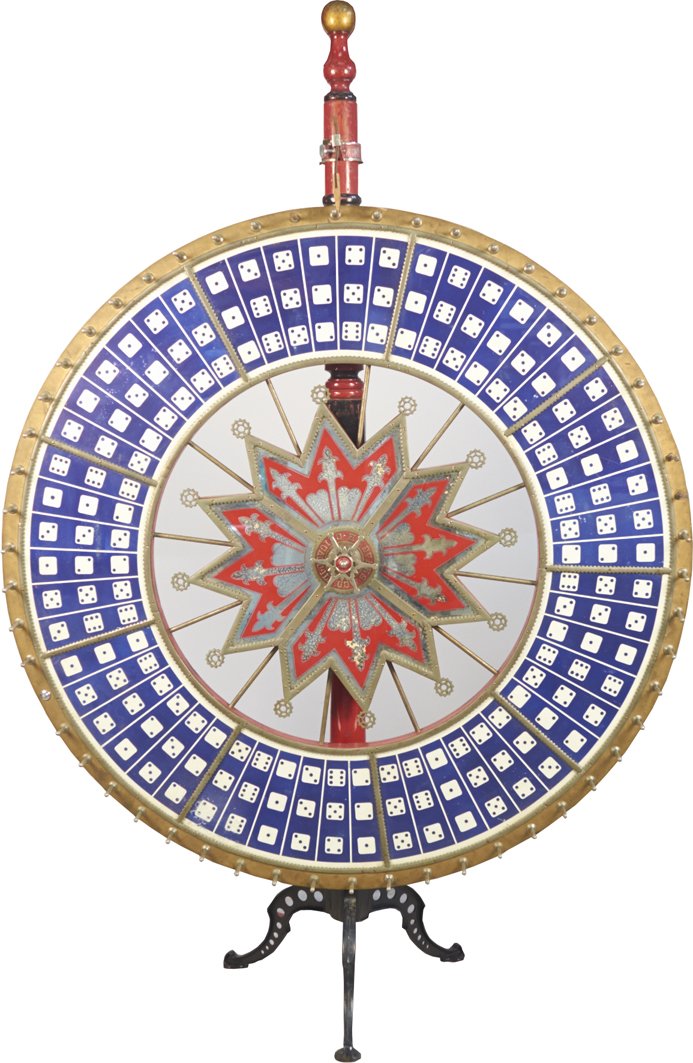 Large H.C. Evans Big 6 Floor Gaming Wheel on Pole Stand: Large H.C. Evans Big 6 Floor Gaming Wheel on Pole Stand, H.C. Evans & Co. Chicago, Ill., Painted wood, glass, metal spokes & framing, mirrored glass star in center, dice combination pictures on edges,