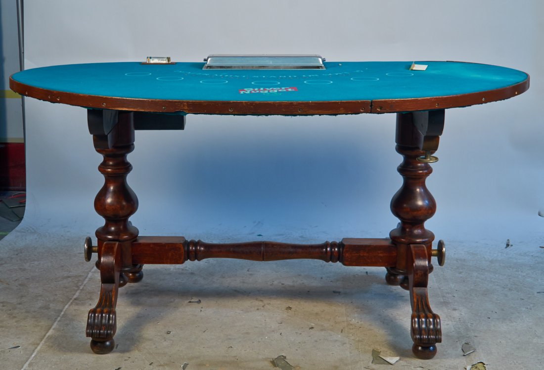 Silver Nugget Wood Blackjack Gaming Table: Silver Nugget Wood Blackjack Gaming Table, Ornate carved wood feet & green felt layout top w/ "$5.00 minimum this table only" sign, "BJ-11" w/ chip rack w/ key & w/ cash box w/ keys - 41" x 77" x 37"h