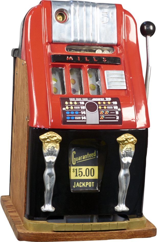 5 Cent Mills Golden Doll Hightop Slot Machine: 5 Cent Mills Golden Doll Hightop Escalator Bell Red Slot Machine c1950's w/ keys