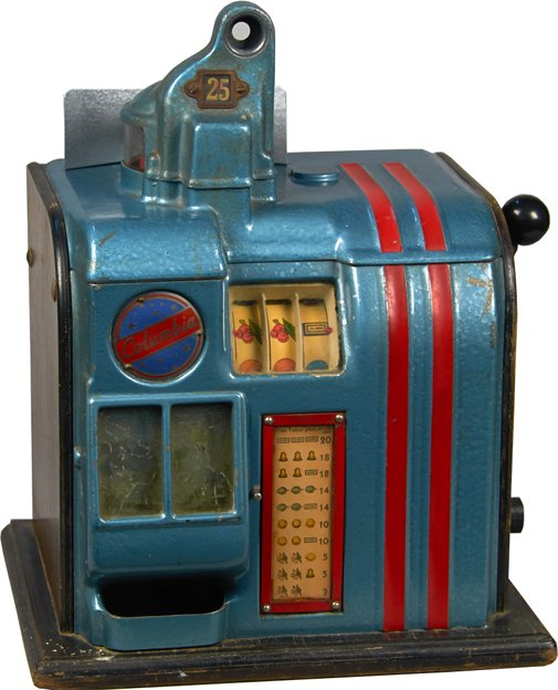 25 Cent Groetchen Tool Co. Columbia Standard Slot: 25 Cent Groetchen Tool Co. Columbia Standard 3-Reel Miniature Bell Slot Machine c1937 w/ key