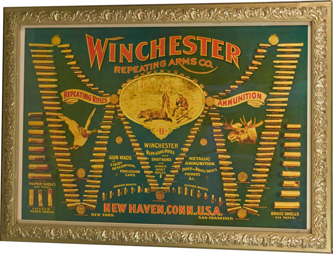 Large Copy of Winchester Ammunition Board: Large Copy of Winchester Ammunition Board in Ornate Frame, Winchester Repeating Arms Co. New Haven, Conn. featuring pictures & descriptions of various kinds of ammunition, Colorful - 58" x 41 1/2"